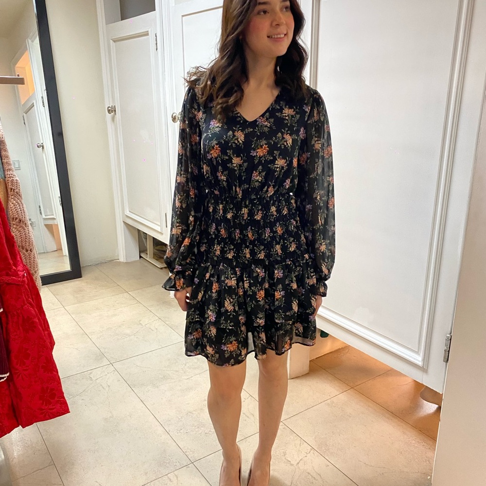 Black Long Sleeve A-line Dress with V-neck for Work